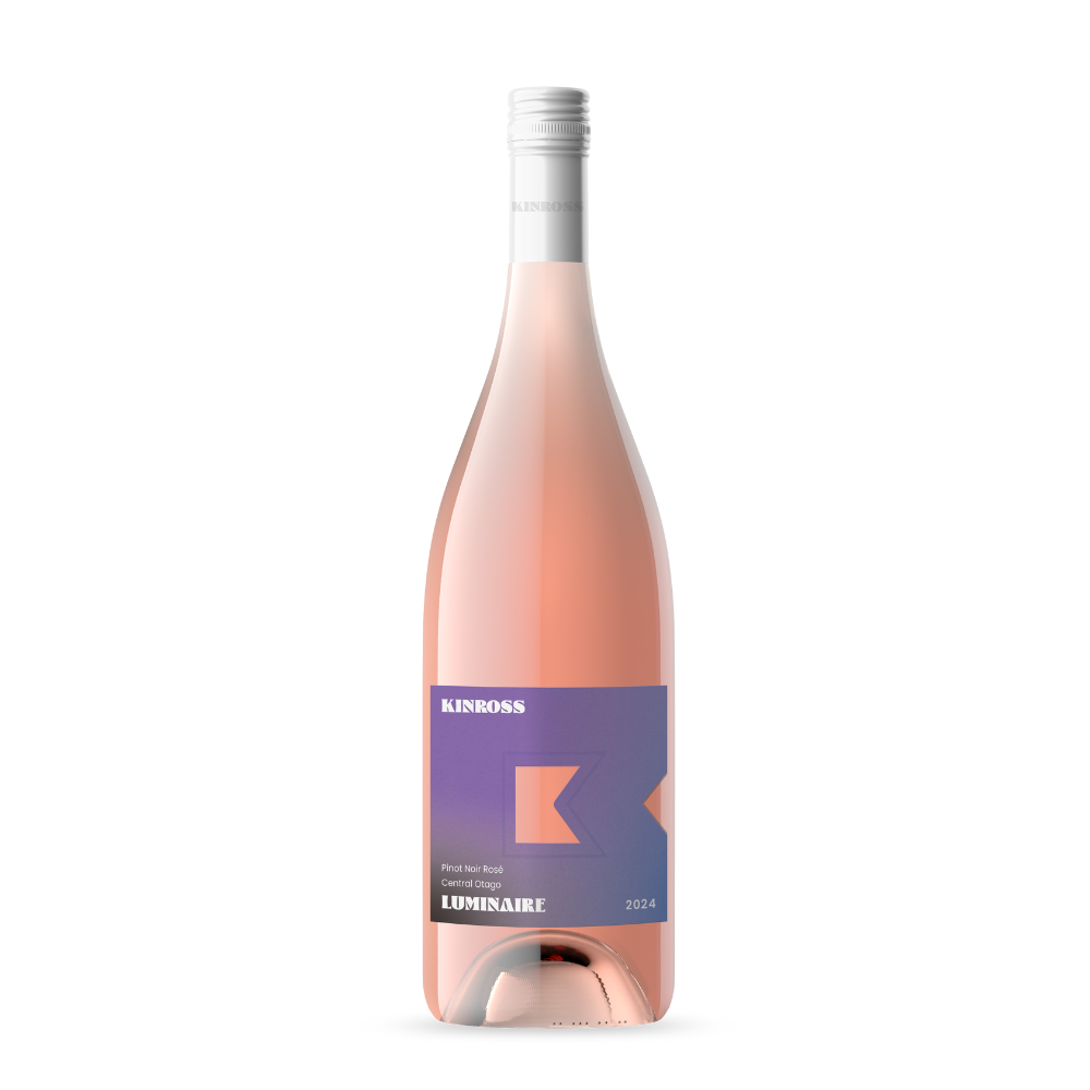 Rose wine bottle with a purple label on a white background