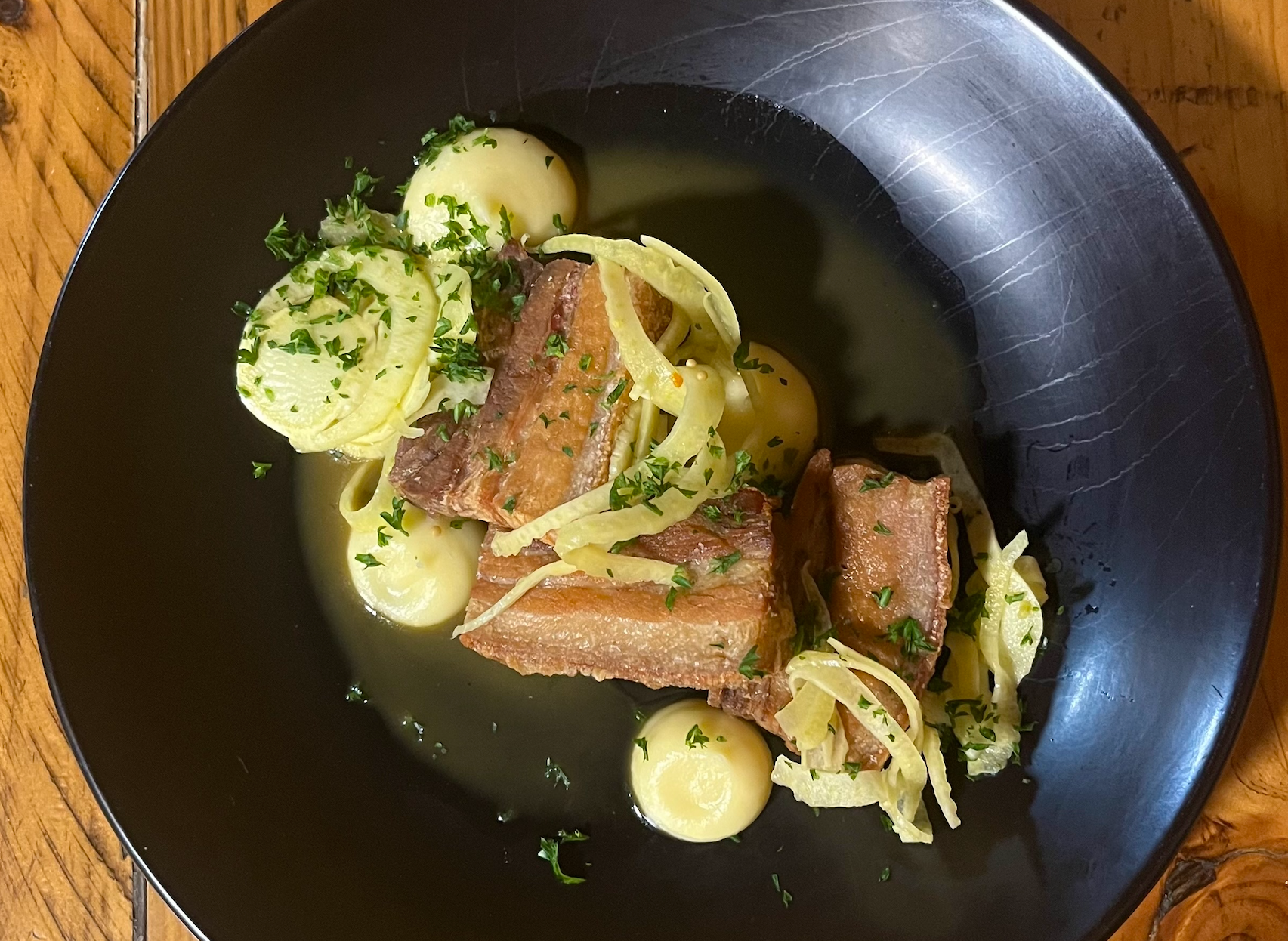 Confit Pork Belly,  Pickled Fennel, Parsnip Purée  & Cider Jus with central Otago Wine and Food Pairing 